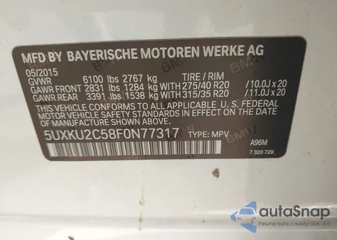 2015 BMW X6 xDrive35I из США, поврежденный, VIN 5UXKU2C58F0N77317